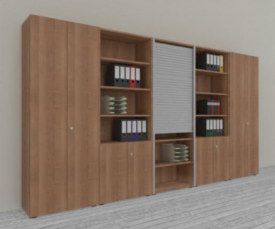 Büro Schrankwand Master K7 2 Schränke, 2 Kombischränke und 1 Rollladenschrank Höhe 215,6 cm Dekor Nussbaum