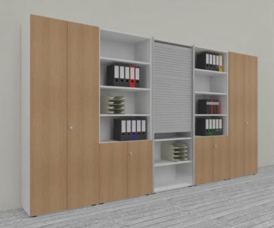 Büro Schrankwand Master K7 2 Schränke, 2 Kombischränke und 1 Rollladenschrank Höhe 215,6 cm Dekor Weiß Eiche