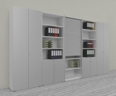 Büro Schrankwand Master K7 2 Schränke, 2 Kombischränke und 1 Rollladenschrank Höhe 215,6 cm Dekor Weiß Silber