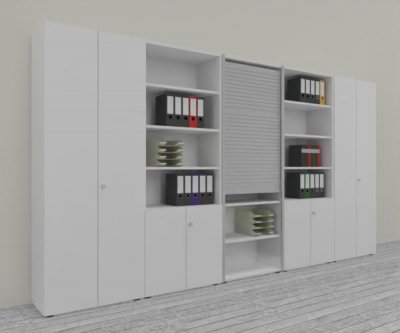 Büro Schrankwand Master K7 2 Schränke, 2 Kombischränke und 1 Rollladenschrank Höhe 215,6 cm Dekor Weiß