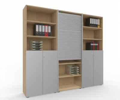 Büro Schrankwand Master M8 240 cm 215,6 cm hoch 2 Kombischränke und 1 Rollladenschrank Dekor Ahorn Silber