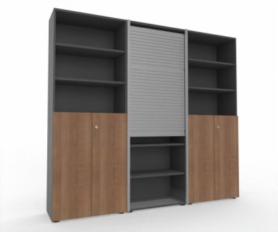 Büro Schrankwand Master M8 240 cm 215,6 cm hoch 2 Kombischränke und 1 Rollladenschrank Dekor Grafit Nussbaum