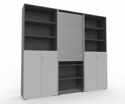 Büro Schrankwand Master M8 240 cm 215,6 cm hoch 2 Kombischränke und 1 Rollladenschrank Dekor Grafit Weiß