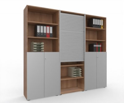 Büro Schrankwand Master M8 240 cm 215,6 cm hoch 2 Kombischränke und 1 Rollladenschrank Dekor Nussbaum Silber