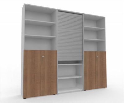 Büro Schrankwand Master M8 240 cm 215,6 cm hoch 2 Kombischränke und 1 Rollladenschrank Dekor Weiß Nussbaum