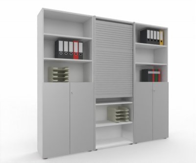 Büro Schrankwand Master M8 240 cm 215,6 cm hoch 2 Kombischränke und 1 Rollladenschrank Dekor Weiß Silber