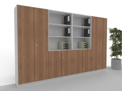 Büroschrankwand 320 cm breit Klassik 14 Weiß-Nussbaum