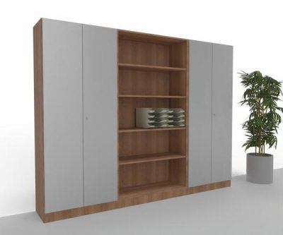 Büro Schrankwand 260 cm breit Klassik 15 Nussbaum-Silber