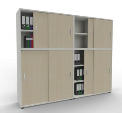 Büroschrankwand ST2 Schiebetürenschränke Gesamthöhe 195 cm Breite 240 cm Weiß-Ahorn