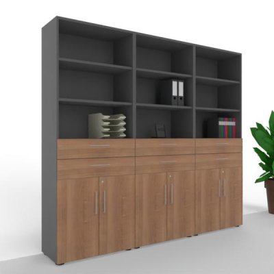 Büroschrankwand VH18 240 cm breit 6 Ordnerhöhen Grafit-Nussbaum