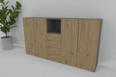 Büroschrankwand VH3 Highboard 200 cm breit 3 Ordnerhöhen Grafit-Asteiche