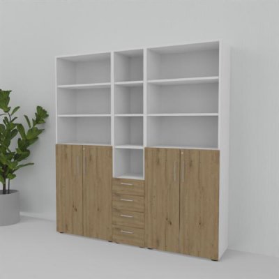 Büroschrankwand VH5 200 cm breit 215,6 cm hoch Weiss-Asteiche