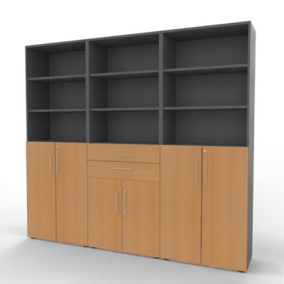 Büroschrankwand VH8 240 cm breit 6 Ordnerhöhen Grafit-Buche