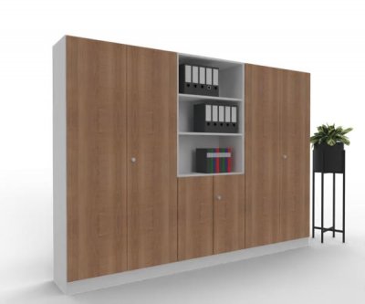 Büroschrankwand 280 cm breit K16 Weiß-Nussbaum
