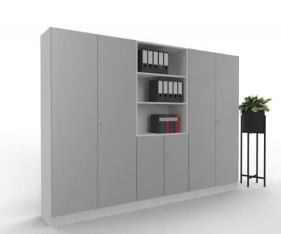 Büroschrankwand 280 cm breit K16 Weiß-Silber