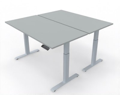 Doppelarbeitsplatz 160 x 160 cm GEL2 Gestellfarbe Silber Tischplatte Lichtgrau