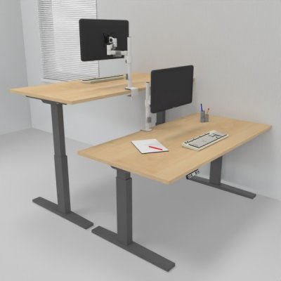 Doppelarbeitsplatz 163 x 160 cm HMK1 elektrisch höhenverstellbare Schreibtische Gestell Grafit Tischplatte Ahorn