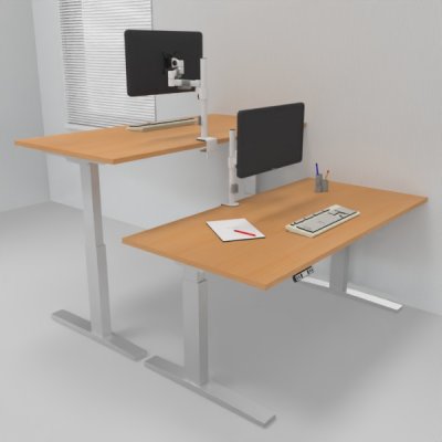 Doppelarbeitsplatz 163 x 160 cm HMK1 elektrisch höhenverstellbare Schreibtische Gestell Silber Tischplatten Buche