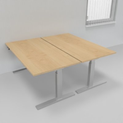 Doppelarbeitsplatz 163 x 160 cm HMK1 elektrisch höhenverstellbare Schreibtische Gestell Silber Tischplatten Ahorn
