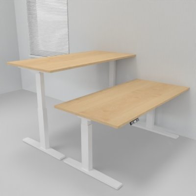 Doppelarbeitsplatz 163 x 160 cm HMK1 elektrisch höhenverstellbare Schreibtische Gestell Weiß Tischplatten Ahorn