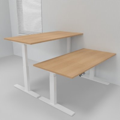 Doppelarbeitsplatz 163 x 160 cm HMK1 elektrisch höhenverstellbare Schreibtische Gestell Weiß Tischplatten Eiche