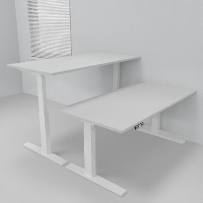Doppelarbeitsplatz 163 x 160 cm HMK1 elektrisch höhenverstellbare Schreibtische Gestell Weiß Tischplatten Lichtgrau