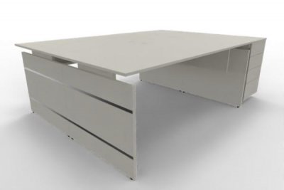 Doppelarbeitsplatz D2 Form4 Wangengestell Tischplatte und Abdeckboden Weiß