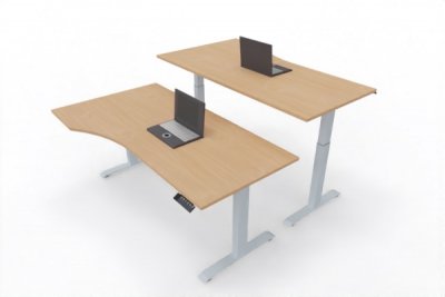 Doppelarbeitsplatz elektrisch höhenverstellbare PC-Schreibtische Gestelle Silber Tischplatten Buche