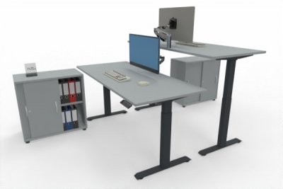 Doppelarbeitsplatz elektisch höhenverstellbare Schreibtische mit Anstellschrank Gestellfarbe Anthrazit Dekor Lichtgrau