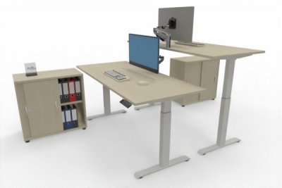 Doppelarbeitsplatz elektisch höhenverstellbare Schreibtische mit Anstellschrank Gestellfarbe Weiß Dekor Ahorn