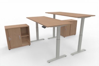 Doppelarbeitsplatz elektisch höhenverstellbare Schreibtische mit Anstellschrank Gestellfarbe Weiß Dekor Buche