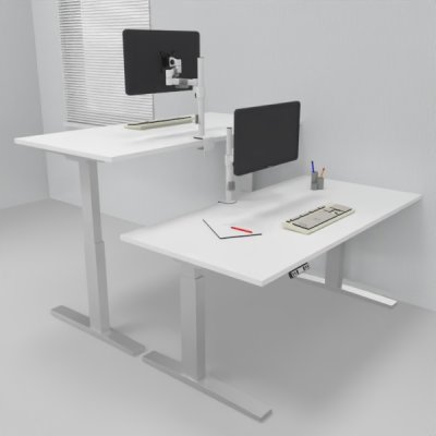 Doppelarbeitsplatz 163 x 160 cm HMK1 elektrisch höhenverstellbare Schreibtische Gestell Silber Tischplatten Weiß