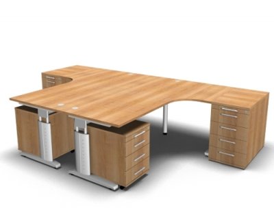 Doppelarbeitsplatz U20 mit Rollcontainer Nussbaum