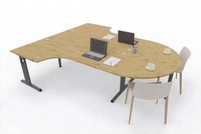 Doppelarbeitsplatz OD2 zwei Winkelschreibtische mit Besprechungsansatz Tischplatten Asteiche Gestell Grafit