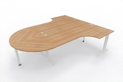 Doppelarbeitsplatz OD2 zwei Winkelschreibtische mit Besprechungsansatz Tischplatten Nussbaum Gestell Weiß