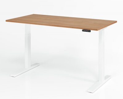 elektrisch höhenverstellbarer Schreibtisch HMK 160x80 cm Gestell Weiß Tischplatte Nussbaum