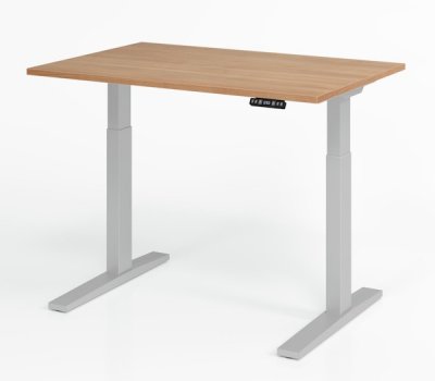 Schreibtisch 120 x 80 cm elektrisch höhenverstellbar Gestell Silber Tischplatte Nussbaum