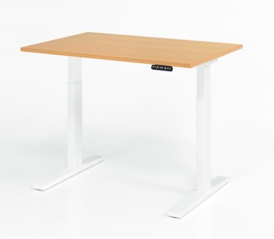 Schreibtisch 120 x 80 cm elektrisch höhenverstellbar Gestell Weiß Tischplatte Buche