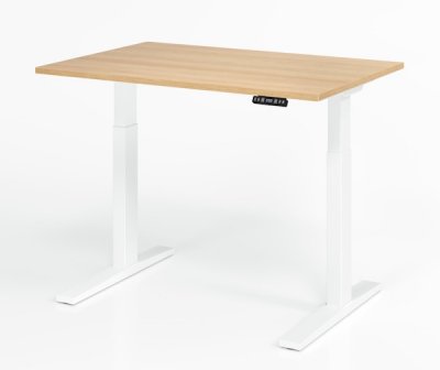 Schreibtisch 120 x 80 cm elektrisch höhenverstellbar Gestell Weiß Tischplatte Eiche