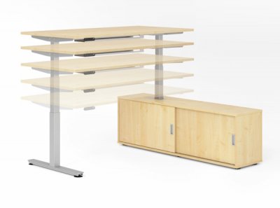 Schreibtisch elektrisch höhenverstellbar mit Sideboard Ahorn Silber