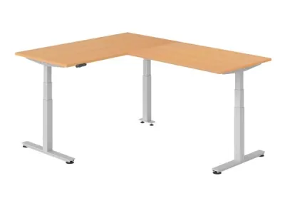 Winkelschreibtisch DSM L-Form 160 x 200 cm Gestell Silber Tischplatte Buche