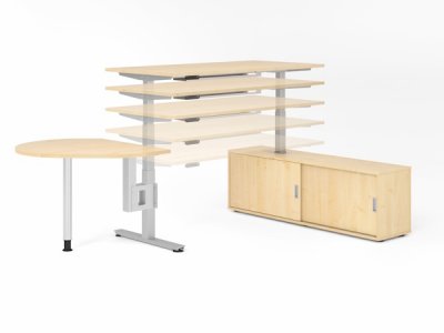 Komplettarbeitsplatz DSMB elektrisch höhenverstellbarer Schreibtisch mit Sideboard und Beratertisch Gestell Silber Dekor Ahorn