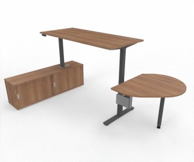 Komplettarbeitsplatz DSMB elektrisch höhenverstellbarer Schreibtisch mit Sideboard und Beratertisch Gestell Grafit Dekor Nussbaum