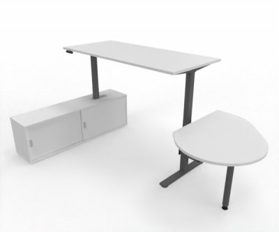 Komplettarbeitsplatz DSMB elektrisch höhenverstellbarer Schreibtisch mit Sideboard und Beratertisch Gestell Grafit Dekor Weiß