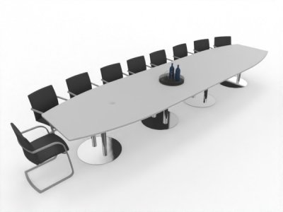 Großer Konferenztisch 520x130 cm mit 4teiliger Tischplatte Tellerfüße verchromt Dekor Lichtgrau