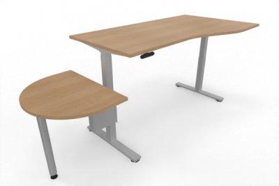 PC-Schreibtisch 180 cm elektrisch höhenverstellbar mit Anbautisch 60 cm Tischplatte Eiche Gestell Silber