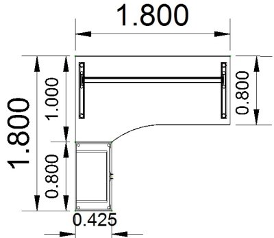 PC-Schreibtisch links mit Rollladenschrank Stellfläche