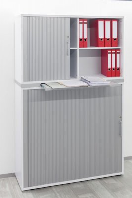 Rollladenschrank 5 Ordnerhöhen 2teilig mit Auszugsplatte Weiß