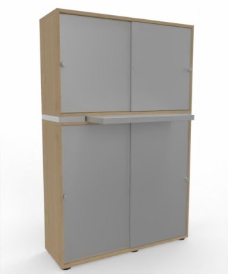 Büroschrank 2teilig mit Auszugsplatte und Schiebetüren Ahorn Silber