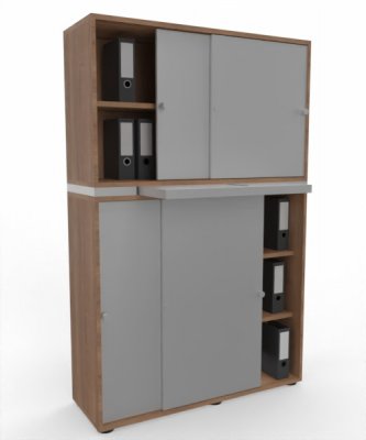 Büroschrank 2teilig mit Auszugsplatte und Schiebetüren Nussbaum Silber